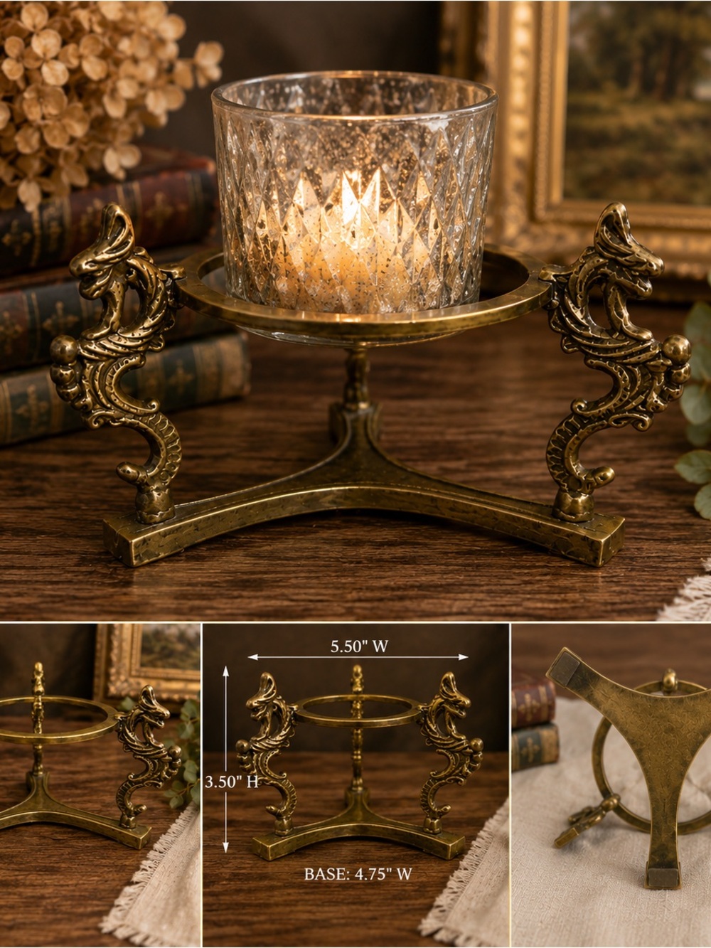 Antique Brass Dragon Pillar Candle Holder - Home Accents